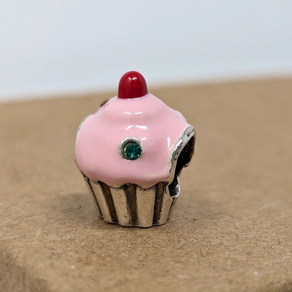 Sterling Silver 925 Pink Cupcake With Cherry Charm Bead